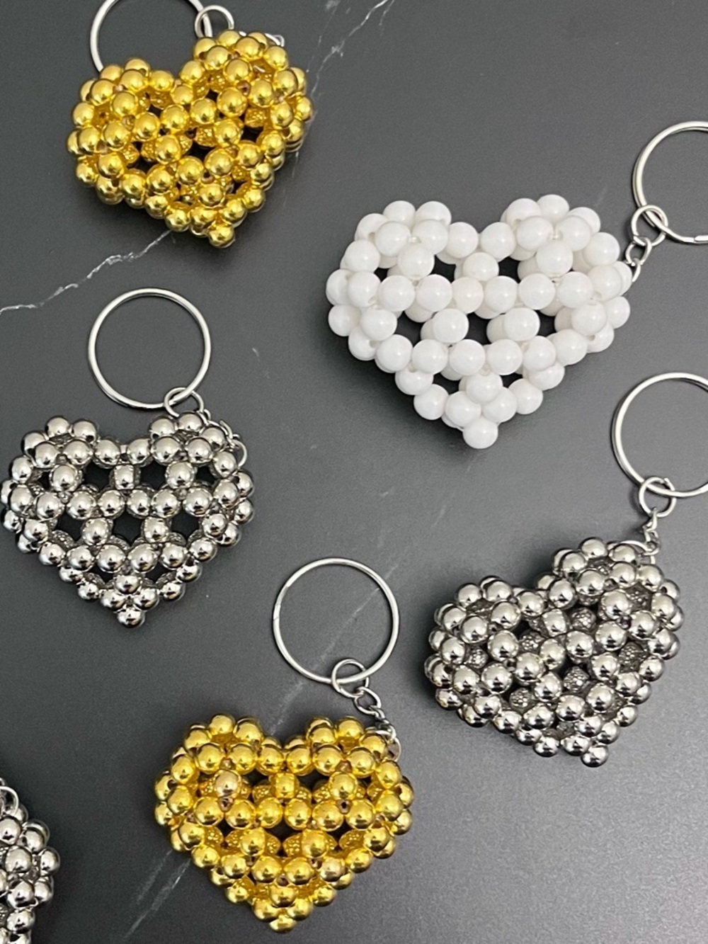 Handmade Beaded Heart Keychain Cute Aesthetic Keyring Gift White Gold Silver